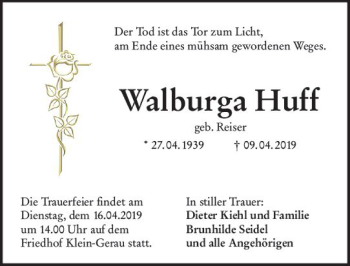Traueranzeige von Walburga Huff von vrm-trauer