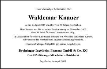Traueranzeige von Waldemar Knauer von vrm-trauer