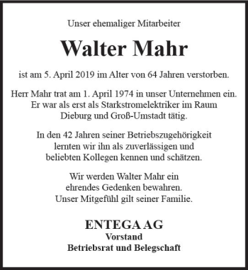 Traueranzeige von Walter Mahr von vrm-trauer
