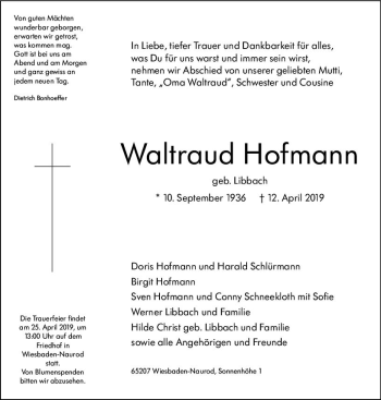 Traueranzeige von Waltraud Hofmann von vrm-trauer