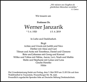 Traueranzeige von Werner Janzarik von vrm-trauer