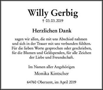 Traueranzeige von Willy Gerbig von vrm-trauer
