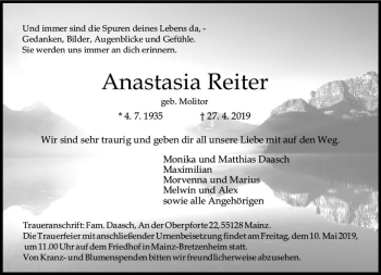 Traueranzeige von Anastasia Reiter von vrm-trauer