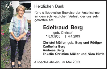 Traueranzeige von Edeltraud Berg von vrm-trauer