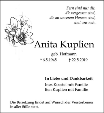 Traueranzeige von Anita Kuplien von vrm-trauer