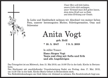 Traueranzeige von Anita Vogt von vrm-trauer