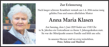 Traueranzeige von Anna Maria Klasen von vrm-trauer