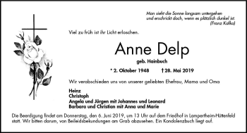 Traueranzeige von Anne Delp von vrm-trauer