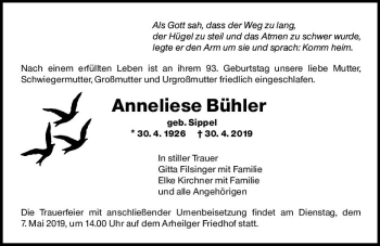 Traueranzeige von Anneliese Bühler von vrm-trauer