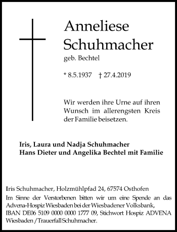 Traueranzeige von Anneliese Schuhmacher von vrm-trauer