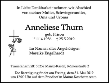 Traueranzeige von Anneliese Thurn von vrm-trauer