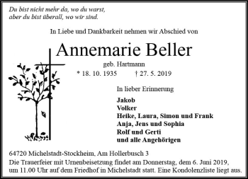 Traueranzeige von Annemarie Beller von vrm-trauer