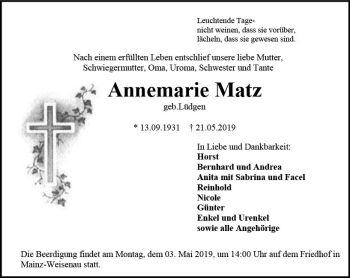 Traueranzeige von Annemarie Matz von vrm-trauer