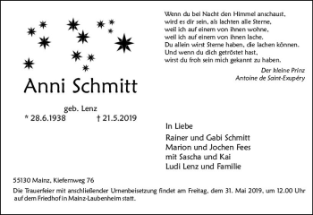 Traueranzeige von Anni Schmitt von vrm-trauer