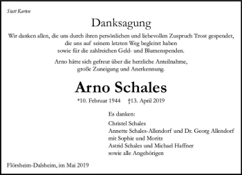 Traueranzeige von Arno Schales von vrm-trauer