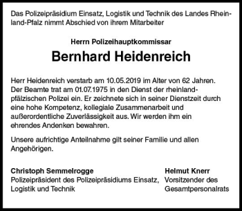 Traueranzeige von Bernhard Heidenreich von vrm-trauer