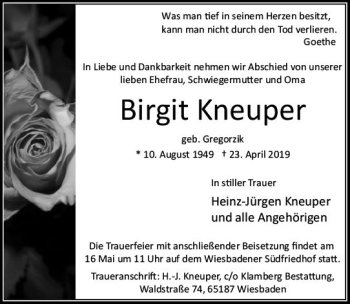 Traueranzeige von Birgit Kneuper von vrm-trauer
