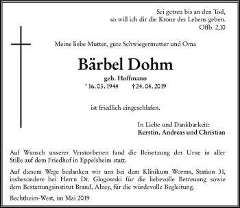 Traueranzeige von Bärbel Dohm von vrm-trauer