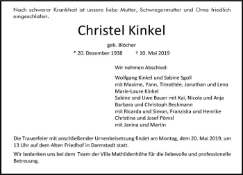 Traueranzeige von Christel Kinkel von vrm-trauer