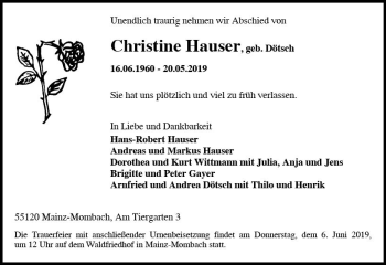 Traueranzeige von Christine Hauser von vrm-trauer
