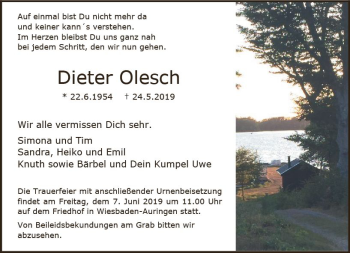 Traueranzeige von Dieter Olesch von vrm-trauer