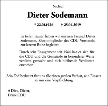 Traueranzeige von Dieter Sodemann von vrm-trauer