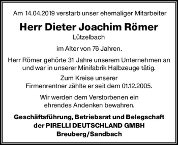 Traueranzeige von Dieter Joachim Römer von vrm-trauer
