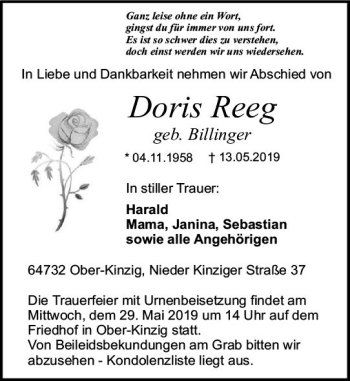 Traueranzeige von Doris Reeg von vrm-trauer