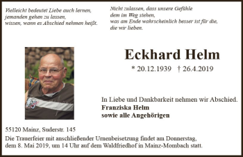 Traueranzeige von Eckhard Helm von vrm-trauer