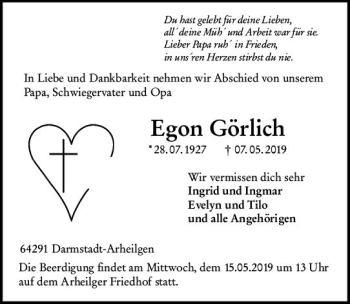 Traueranzeige von Egon Görlich von vrm-trauer
