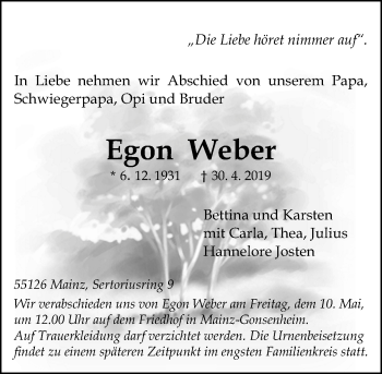 Traueranzeige von Egon Weber von vrm-trauer
