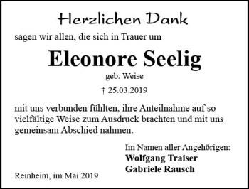 Traueranzeige von Eleonore Seelig von vrm-trauer