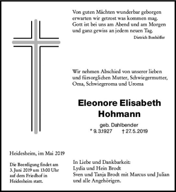 Traueranzeige von Eleonore Elisabeth Hohmann von vrm-trauer