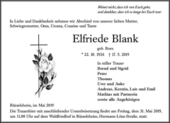 Traueranzeige von Elfriede Blank von vrm-trauer