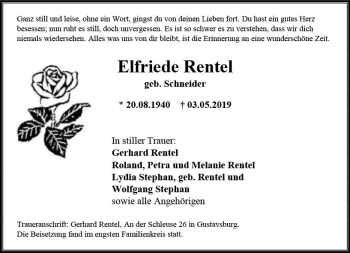 Traueranzeige von Elfriede Rentel von vrm-trauer