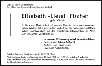 Traueranzeige von Elisabeth Fischer von vrm-trauer