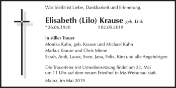 Traueranzeige von Elisabeth Krause von vrm-trauer