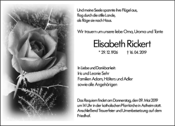 Traueranzeige von Elisabeth Rickert von vrm-trauer