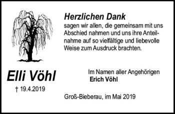 Traueranzeige von Elli Vöhl von vrm-trauer