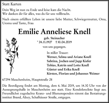 Traueranzeige von Emilie Anneliese Knell von vrm-trauer