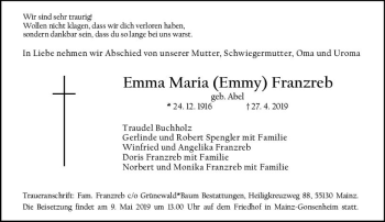 Traueranzeige von Emma Maria  Franzreb von vrm-trauer
