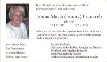 Traueranzeige von Emma Maria Emmy Franzreb von vrm-trauer