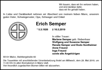Traueranzeige von Erich Semper von vrm-trauer