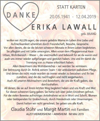 Traueranzeige von Erika Lawall von vrm-trauer