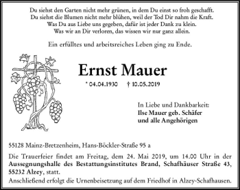 Traueranzeige von Ernst Mauer von vrm-trauer