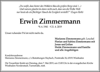 Traueranzeige von Erwin Zimmermann von vrm-trauer
