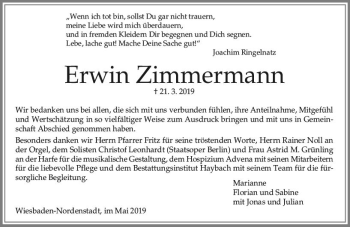 Traueranzeige von Erwin Zimmermann von vrm-trauer