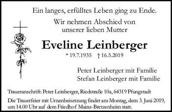 Traueranzeige von Eveline Leinberger von vrm-trauer