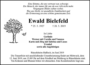 Traueranzeige von Ewald Bielefeld von vrm-trauer