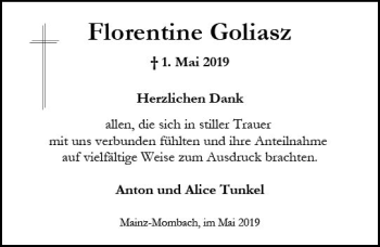 Traueranzeige von Florentine Goliasz von vrm-trauer